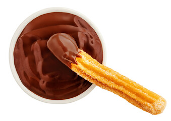 Churro isolated. Fried Churro with melting chocolate dip sauce in a  cup on white background. Churro pastry top view. Flat lay