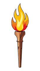 A burning torch with a wooden handle and a bright flame.