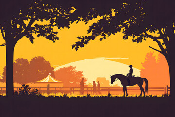 Silhouetted rider at sunset equestrian event