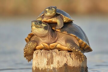 Snapping Turtles on Wooden Post in Serene Water