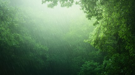 Rain falls gently over lush green forests creating a serene atmosphere