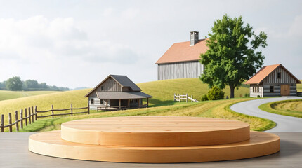 podium made of wooden rustic against a green farm