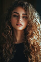 Fototapeta premium Young woman with long, wavy hair smiling at the camera. Modeling casual fashion with a vintage feel in indoor setting.