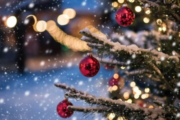 Snow covered Christmas tree with red ornaments and twinkling lights
