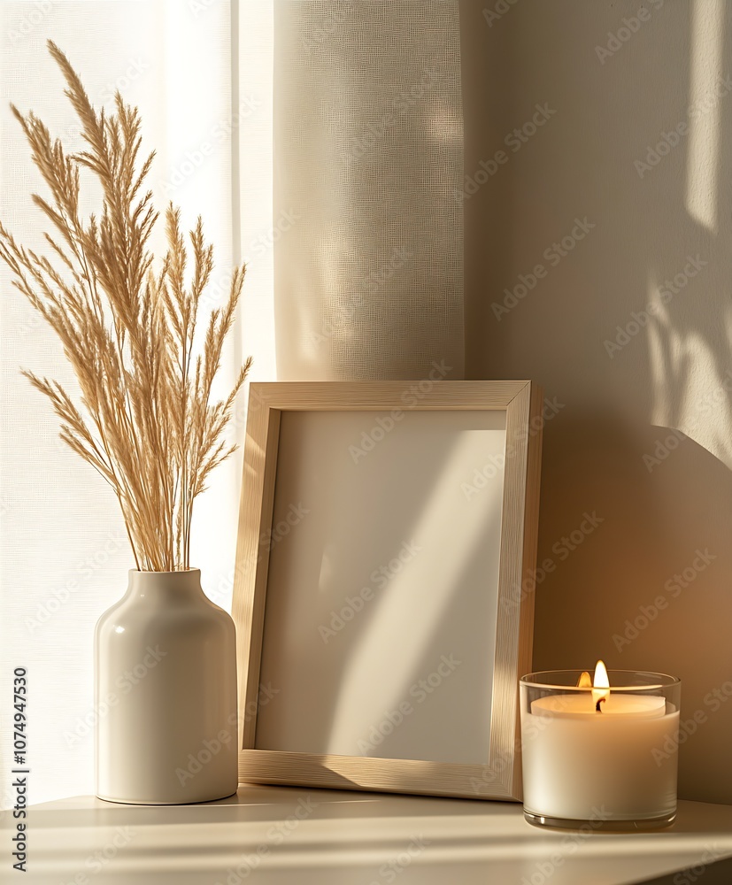 Poster minimalist interior decor with candle and empty frame in sunlit corner of modern room : generative a