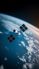 A satellite in orbit over Earth, showcasing advanced technology and beauty of space. image captures intricate details of satellite against backdrop of clouds and vastness of universe