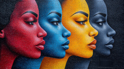 Obraz premium vibrant mural showcasing diverse profiles in red, blue, yellow, and gray, celebrating diversity and inclusivity. textured background adds depth to artwork