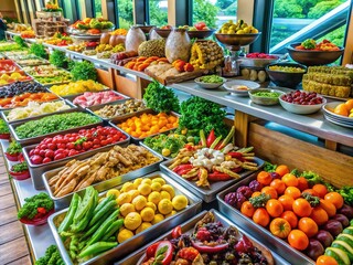 Obraz premium Indoor buffet: meats, fruits, vegetables. A panoramic spread awaits.