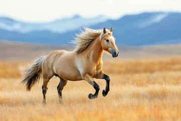 A palomino horse runs through a field of tall grass with a mountain range in the background.
