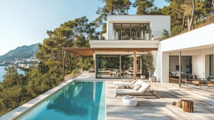 Fototapeta premium White and wooden luxury villa with a swimming pool, surrounded by natural greenery and tall pines for a peaceful, elegant vibe