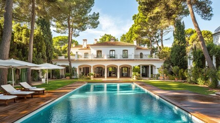 Obraz premium White and wooden luxury villa with a swimming pool, surrounded by natural greenery and tall pines for a peaceful, elegant vibe