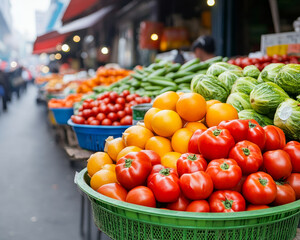 Fresh tomatoes, oranges, and various vegetables are displayed in vibrant baskets at busy street market on Monday morning, creating lively and colorful atmosphere