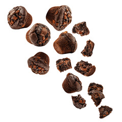 Flying Chocolate chip muffin isolated on white. Explosion of Sweet chocolate cupcakes. Falling muffins close up