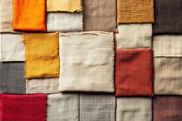 A colorful assortment of textured fabric swatches arranged in a geometric pattern, showcasing various materials and hues.