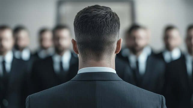 A team of bodyguards forms protective circle around central figure, showcasing strength and vigilance. atmosphere conveys sense of security and professionalism