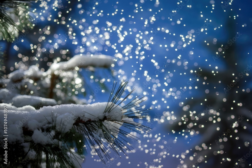 Poster snow covered pine branch with bokeh effect against a blue sky.