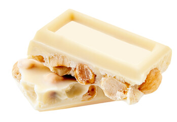 White chocolate bar with pieces isolated on white background. Hazelnuts white Chocolate in a stack close up.