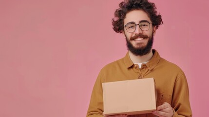 Bearded man in glasses holding a package, looking forward with a smile