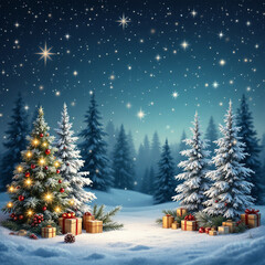 A poster or banner for christmas with christmas tree decorations on snow