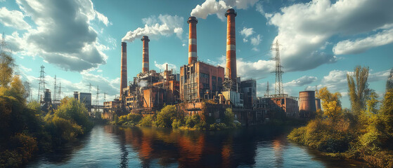 Obraz premium An industrial landscape featuring smokestacks, factories, and a river under a vibrant sky.