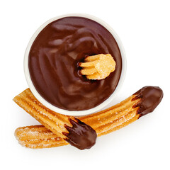 Churro isolated. Fried Churro with melting chocolate dip sauce in a  cup on white background. Churro pastry top view. Flat lay
