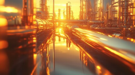 Gleaming Industrial Landscape at Sunset with Reflective Metal Pipes and Towers in a Modern Refinery Setting