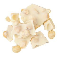 White chocolate bar with pieces isolated on white background. Hazel nuts white Chocolate Top view, flat lay.