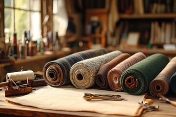 A cozy workshop scene featuring rolls of fabric, highlighting textures and colors, with tools and a warm atmosphere.