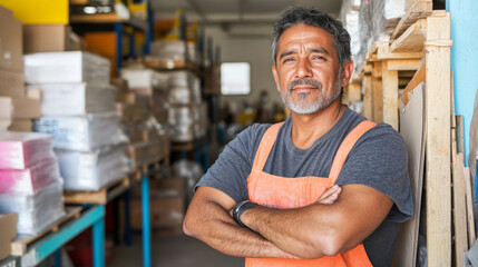 Middle aged Hispanic man in warehouse surrounded by shelves and boxes, logistics concept