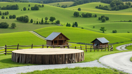 podium made of wooden rustic against a green farm background for product presentation. Mockup platform with a village house and a road.