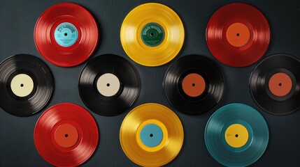 Collection of old records with a variety of colors and sizes. Concept of nostalgia and appreciation for the past