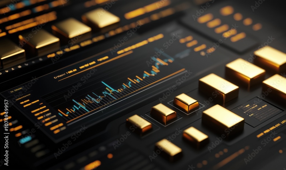 Poster data visualization dashboard with golden buttons and graphs