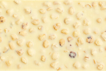 White chocolate bar texture background. Hazel nuts white Chocolate wallpaper. Pattern.