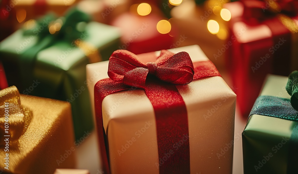 Poster Festive Collection of Colorful Gift Boxes with Glittering Ribbons and Soft Glow : Generative AI