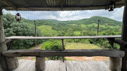Wooden terrace with beautiful mountain view, Bang Kama, Ratchaburi, Thailand.