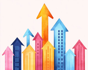 Abstract watercolor cityscape with ascending arrows in various colors, symbolizing growth and progress. vibrant hues evoke sense of optimism and dynamism