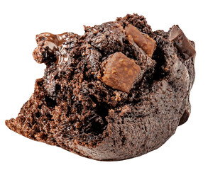 Broken Chocolate chip muffin isolated on white. Sweet dark crushed chocolate cupcake piece closeup.