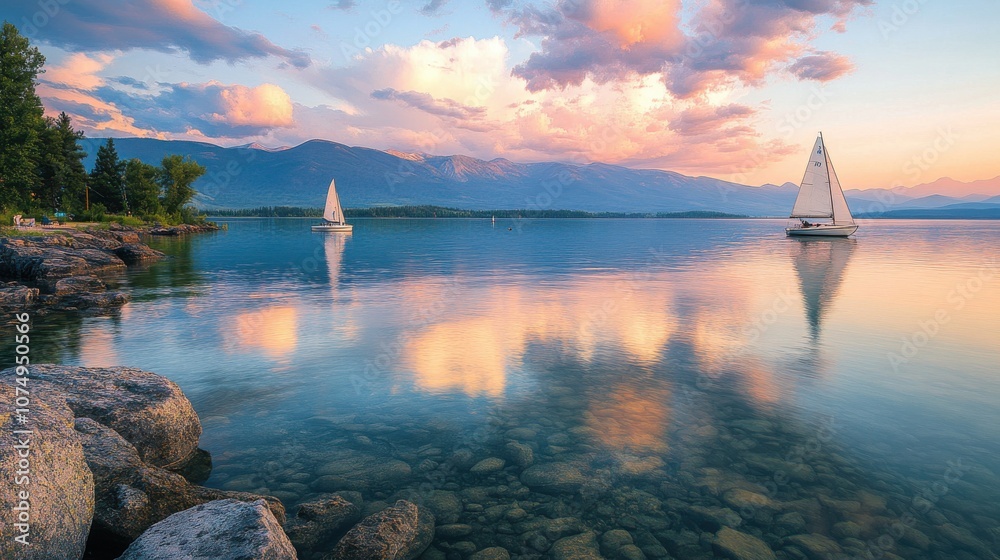 Poster a tranquil evening at flathead lake featuring sailboats gliding on calm waters and vibrant clouds re