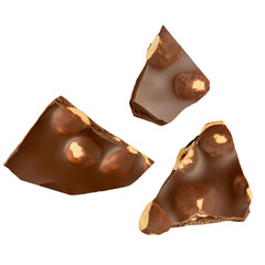 Chocolate with hazelnuts isolated on white. Broken chocolate bar pieces with hazel nuts. Creative layout.  Top view. Flat lay..