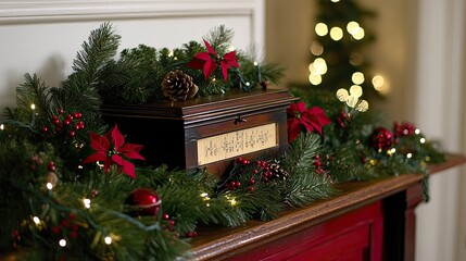 A cozy Christmas setting with a music box on a mantel, surrounded by garlands, lights, and festive holiday decor.