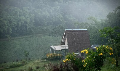 Wooden hut in Bangkama Valley, Ratchaburi, wonderful landscape in Thailand.