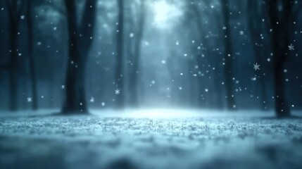 Snowflakes fall gently in a serene winter forest landscape
