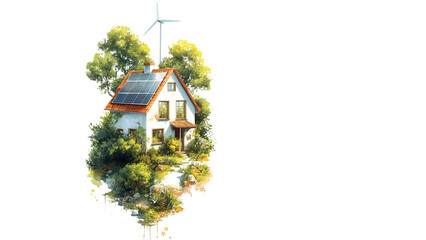 Eco-Friendly Home with Solar Panels and Wind Turbine