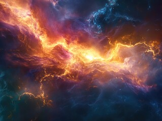 Fototapeta premium Vibrant cosmic scene with vivid hues of orange and blue, representing a nebula within the universe.