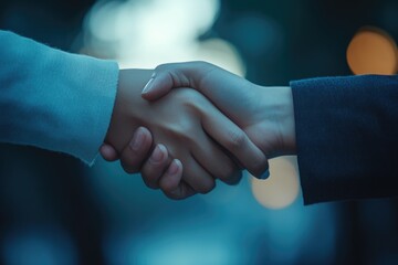Two hands shaking over a desk, symbolizing business agreement and trust.