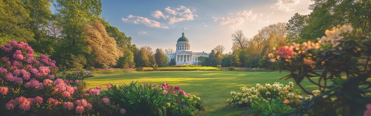 Historic architecture surrounded by colorful blooms in a tranquil park at sunset
