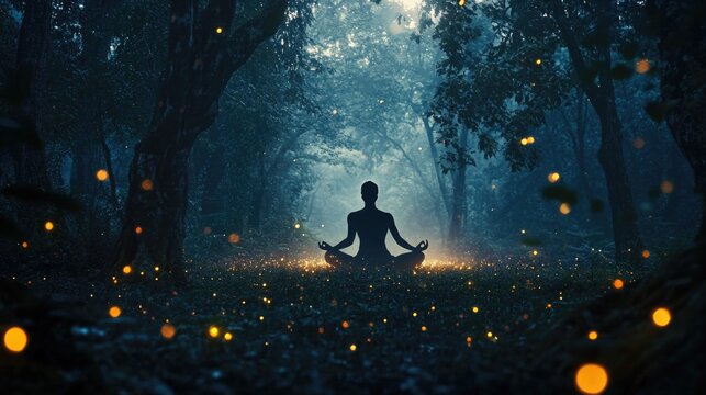 Silhouette of person meditating in forest under full moon with glowing insects, promoting wellness and serenity through yoga and nature.