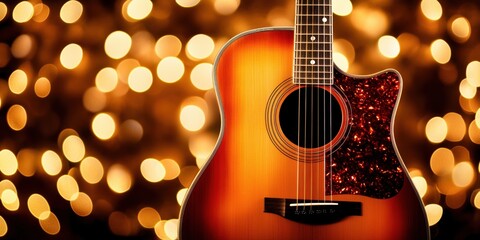 Fototapeta premium Guitar with bokeh background, warm tones, acoustic design, festive atmosphere