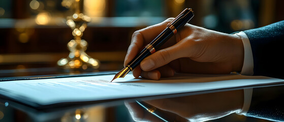 A close-up of a hand signing a contract with a fountain pen on a wooden desk, representing professionalism and success.