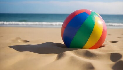 Obraz premium A colorful beach ball on a sandy beach with the ocean in the background